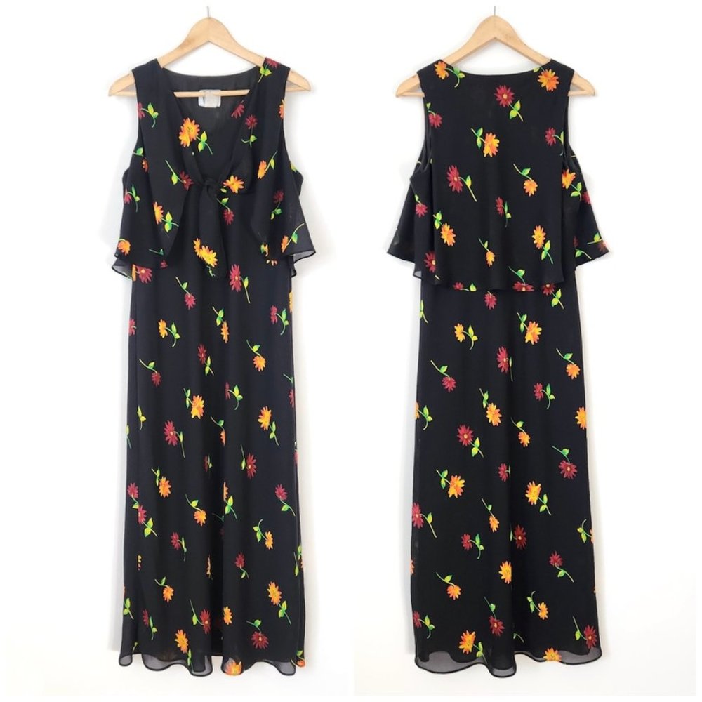 Vintage 70s Black Floral Maxi Dress Vest Overlay Flowy Sleeveless Size 14 Petite